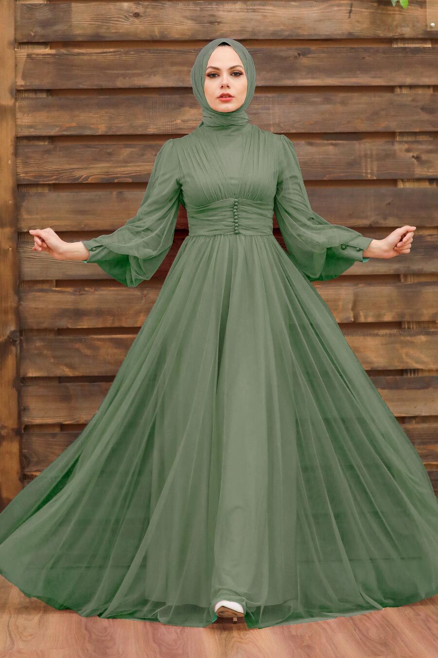 Tesettürlü Abiye Elbise - Düğme Detaylı Çağla Yeşili Tesettür Abiye Elbise 5478CY