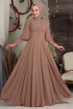 Tesettürlü Abiye Elbise - Düğme Detaylı Camel Tesettür Abiye Elbise 53810C - 1