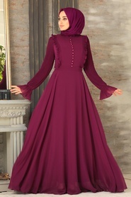 Tesettürlü Abiye Elbise - Düğme Detaylı Fuşya Tesettür Abiye Elbise 2739F - Thumbnail
