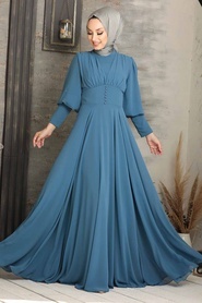Tesettürlü Abiye Elbise - Düğme Detaylı İndigo Mavisi Tesettür Abiye Elbise 53810IM - Thumbnail