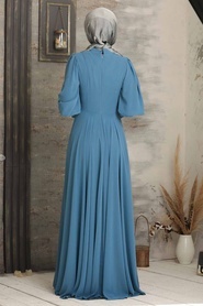 Tesettürlü Abiye Elbise - Düğme Detaylı İndigo Mavisi Tesettür Abiye Elbise 53810IM - Thumbnail