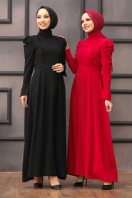 Tesettürlü Abiye Elbise - Düğme Detaylı Kırmızı Tesettür Abiye Elbise 40710K - Thumbnail