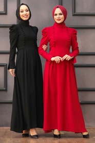 Tesettürlü Abiye Elbise - Düğme Detaylı Kırmızı Tesettür Abiye Elbise 40710K - Thumbnail