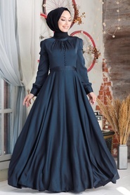 Tesettürlü Abiye Elbise - Düğme Detaylı Lacivert Tesettür Abiye Elbise 25391L - Thumbnail