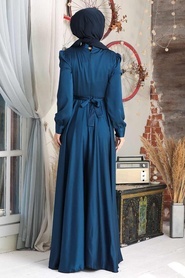 Tesettürlü Abiye Elbise - Düğme Detaylı Lacivert Tesettür Abiye Elbise 25391L - Thumbnail