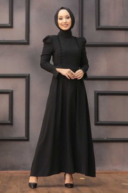 Tesettürlü Abiye Elbise - Düğme Detaylı Siyah Tesettür Abiye Elbise 40710S - Thumbnail