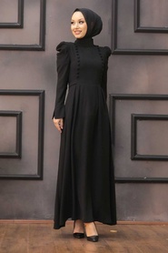 Tesettürlü Abiye Elbise - Düğme Detaylı Siyah Tesettür Abiye Elbise 40710S - Thumbnail