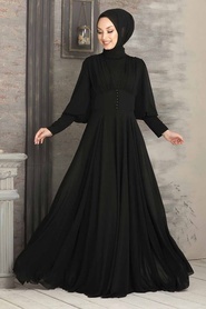 Tesettürlü Abiye Elbise - Düğme Detaylı Siyah Tesettür Abiye Elbise 53810S - Thumbnail