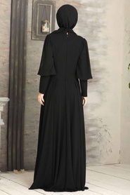 Tesettürlü Abiye Elbise - Düğme Detaylı Siyah Tesettür Abiye Elbise 53810S - Thumbnail