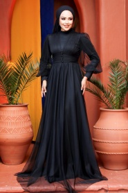 Tesettürlü Abiye Elbise - Düğme Detaylı Siyah Tesettür Abiye Elbise 5478S - Thumbnail