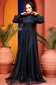 Tesettürlü Abiye Elbise - Düğme Detaylı Siyah Tesettür Abiye Elbise 5478S - Thumbnail