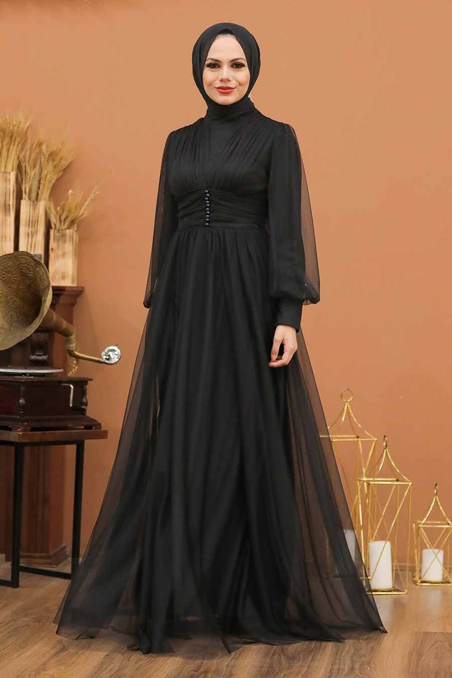 Tesettürlü Abiye Elbise - Düğme Detaylı Siyah Tesettür Abiye Elbise 5478S