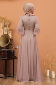 Tesettürlü Abiye Elbise - Düğme Detaylı Vizon Tesettür Abiye Elbise 5478V - Thumbnail