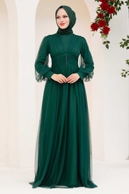 Tesettürlü Abiye Elbise - Düğme Detaylı Yeşil Tesettür Abiye Elbise 5478Y - Thumbnail