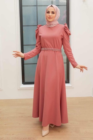 Tesettürlü Abiye Elbise - Dusty Roae Robe de Soirée Hijab 45601GK - 1