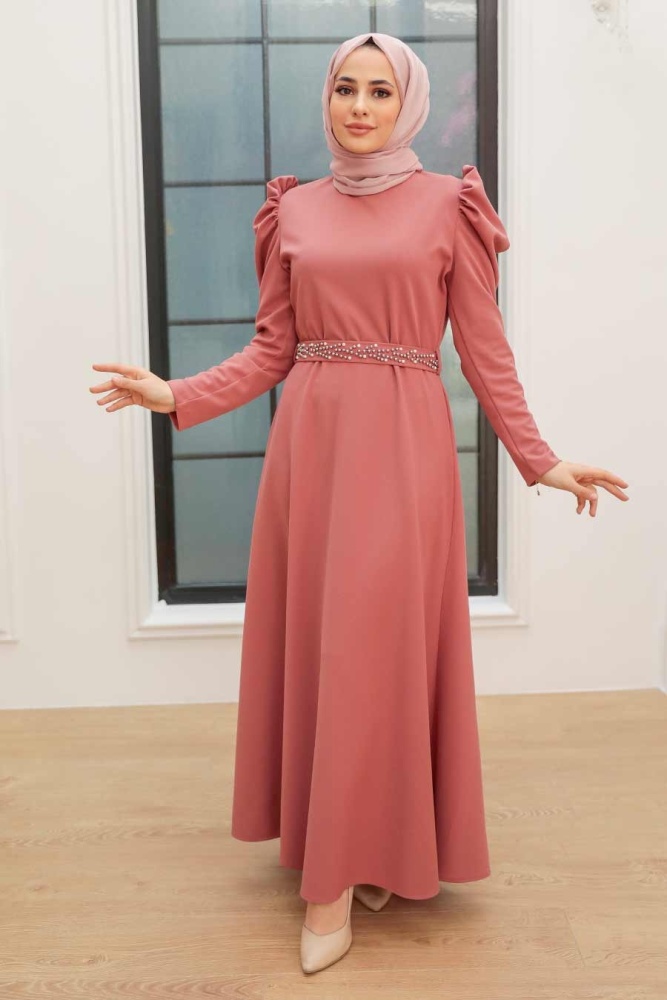 Tesettürlü Abiye Elbise - Dusty Roae Robe de Soirée Hijab 45601GK - 1