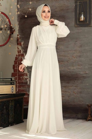 Neva Style - Plus Size Ecru Islamic Clothing Evening Dress 5422E - Thumbnail