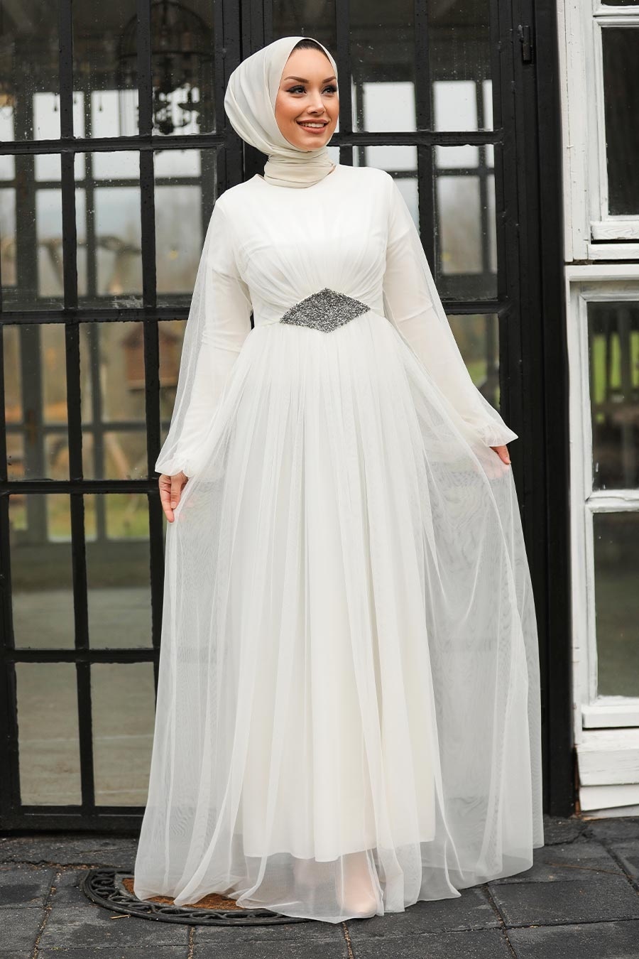 Tesettürlü Abiye Elbise - Ecru Hijab Evening Dress 54230E