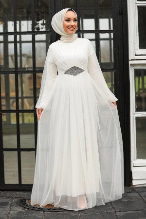 Tesettürlü Abiye Elbise - Ecru Hijab Evening Dress 54230E - Thumbnail