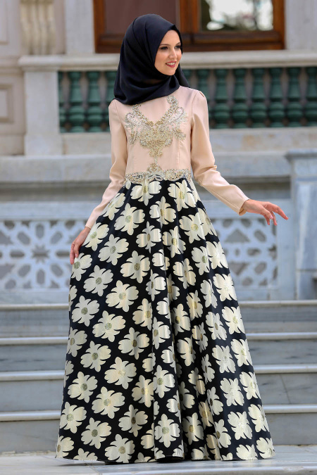 Tesettürlü Abiye Elbise - Eteği Çiçek Desenli Siyah Tesettür Abiye Elbise 2697S