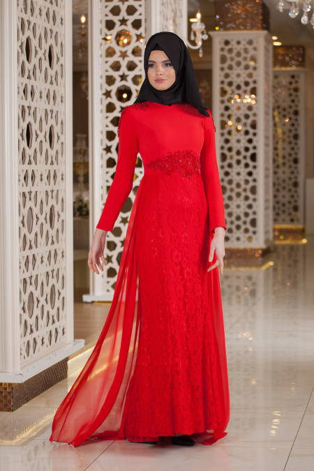 Tesettürlü Abiye Elbise - Eteği Dantelli Kırmızı Tesettür Abiye Elbise 2222K