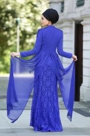 Tesettürlü Abiye Elbise - Eteği Dantelli Saks Mavisi Tesettür Abiye Elbise 2222SX - Thumbnail