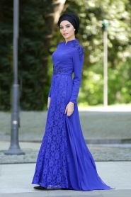 Tesettürlü Abiye Elbise - Eteği Dantelli Saks Mavisi Tesettür Abiye Elbise 2222SX - Thumbnail