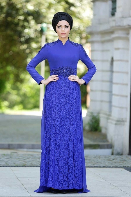 Tesettürlü Abiye Elbise - Eteği Dantelli Saks Mavisi Tesettür Abiye Elbise 2222SX