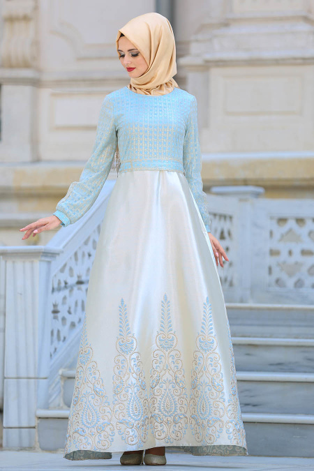 Tesettürlü Abiye Elbise - Eteği Desenli Bebek Mavisi Tesettür Abiye Elbise 2641BM