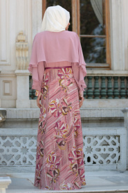 Tesettürlü Abiye Elbise - Eteği Desenli Pudra Tesettür Abiye Elbise 7648PD - Thumbnail