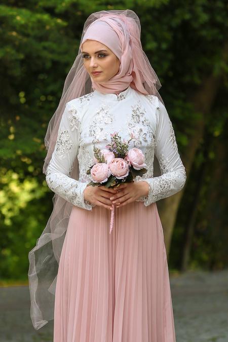 Tesettürlü Abiye Elbise - Eteği Pliseli Pudra Tesettür Abiye Elbise 7722PD - 2