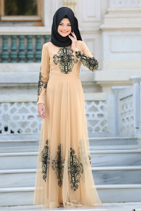 Tesettürlü Abiye Elbise - Eteği Tül Detaylı Gold Tesettür Abiye Elbise 6387GOLD