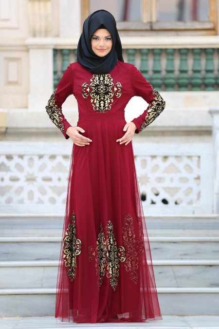 Tesettürlü Abiye Elbise - Eteği Tül Detaylı Kırmızı Tesettür Abiye Elbise 6387BR