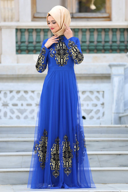 Tesettürlü Abiye Elbise - Eteği Tül Detaylı Sax Mavi Tesettür Abiye Elbise 6387SX