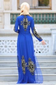 Tesettürlü Abiye Elbise - Eteği Tül Detaylı Sax Mavi Tesettür Abiye Elbise 6387SX - Thumbnail