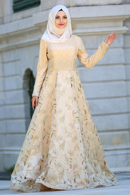Tesettürlü Abiye Elbise - Eteği Yapraklı Gold Tesettür Abiye Elbise 4490GOLD
