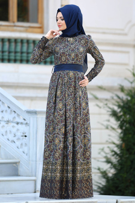 Neva Style - Etnik Desenli Kiremit Tesettür Elbise 21670KRMT