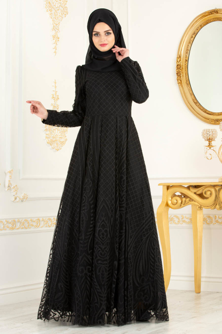 Tesettürlü Abiye Elbise - Etnik Desenli Siyah Tesettür Abiye Elbise 3719S