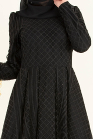 Tesettürlü Abiye Elbise - Etnik Desenli Siyah Tesettür Abiye Elbise 3719S - Thumbnail