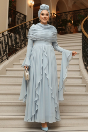 Tesettürlü Abiye Elbise - Fırfır Detaylı Bebek Mavisi Tesettür Abiye Elbise 53981BM - 1
