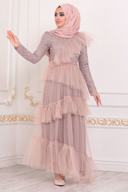 Tesettürlü Abiye Elbise - Fırfır Detaylı Bej Tesettür Abiye Elbise 4099BEJ - Thumbnail
