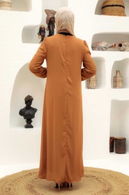 Tesettürlü Abiye Elbise - Fırfır Detaylı Bisküvi Tesettür Abiye Elbise 12951BS - Thumbnail