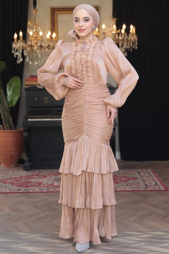 Tesettürlü Abiye Elbise - Fırfır Detaylı Bisküvi Tesettür Abiye Elbise 50271BS - TESETTÜRLÜ ABİYE ELBİSELER