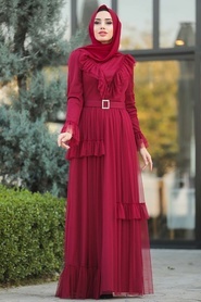Tesettürlü Abiye Elbise - Fırfır Detaylı Bordo Tesettür Abiye Elbise 2134BR - Thumbnail