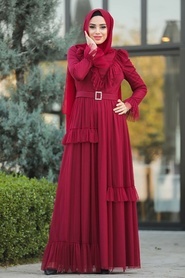 Tesettürlü Abiye Elbise - Fırfır Detaylı Bordo Tesettür Abiye Elbise 2134BR - Thumbnail