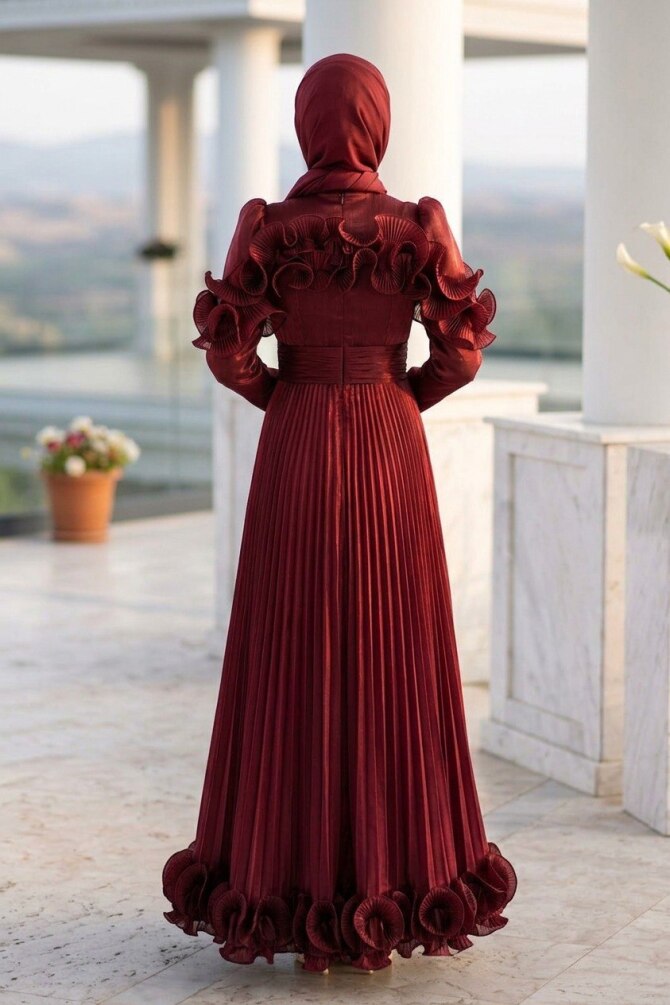 Tesettürlü Abiye Elbise - Fırfır Detaylı Bordo Tesettür Abiye Elbise 56612BR - 2