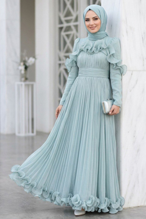 Tesettürlü Abiye Elbise - Işıltılı Çağla Yeşili Fırfırlı Piliseli Tesettür Abiye 55691CY 