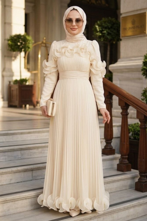 Tesettürlü Abiye Elbise - Fırfır Detaylı Ekru Tesettür Abiye Elbise 55691E - 1