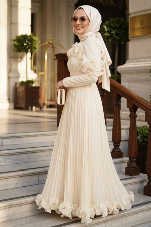 Tesettürlü Abiye Elbise - Fırfır Detaylı Ekru Tesettür Abiye Elbise 55691E - 2