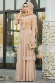 Tesettürlü Abiye Elbise - Fırfır Detaylı Gold Tesettür Abiye Elbise 2134GOLD - Thumbnail